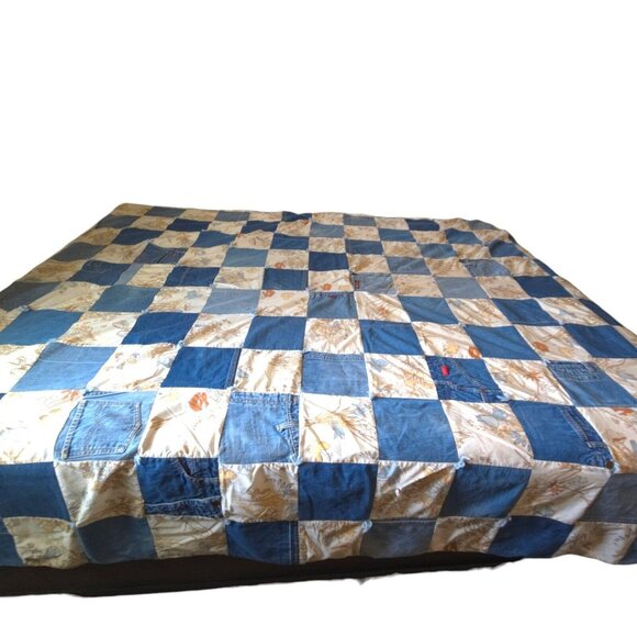 Vtg 70s Denim Blue Jeans Patchwork Crazy Quilt Pockets Labels Butterfly F/Queen - Picture 4 of 16